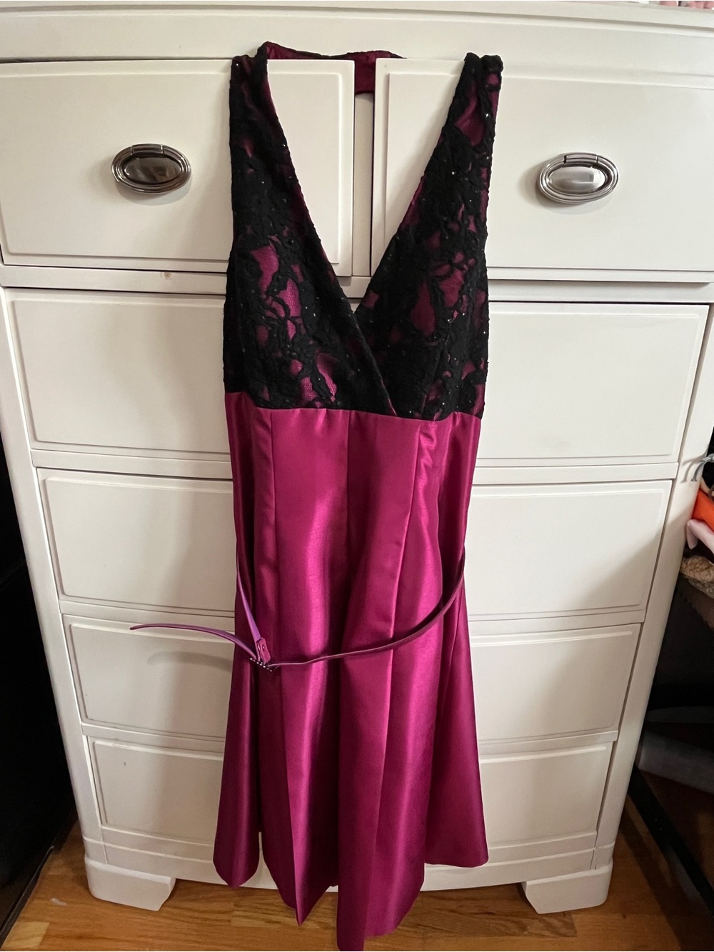 JS Boutique Magenta Satin Dress with Black Lace Bodice